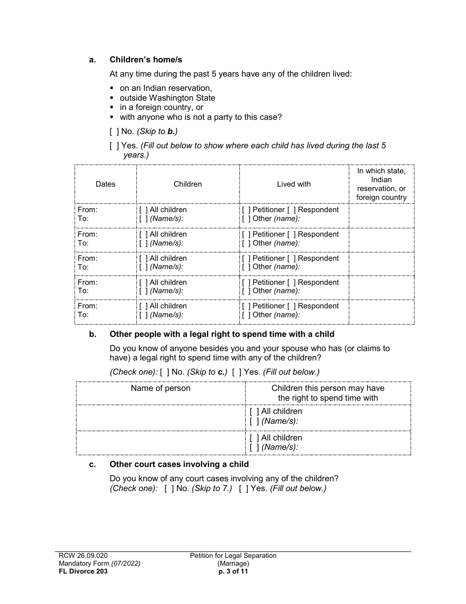Form FL Divorce203 Petition for Legal Separation (Marriage) - Washington, Page 3