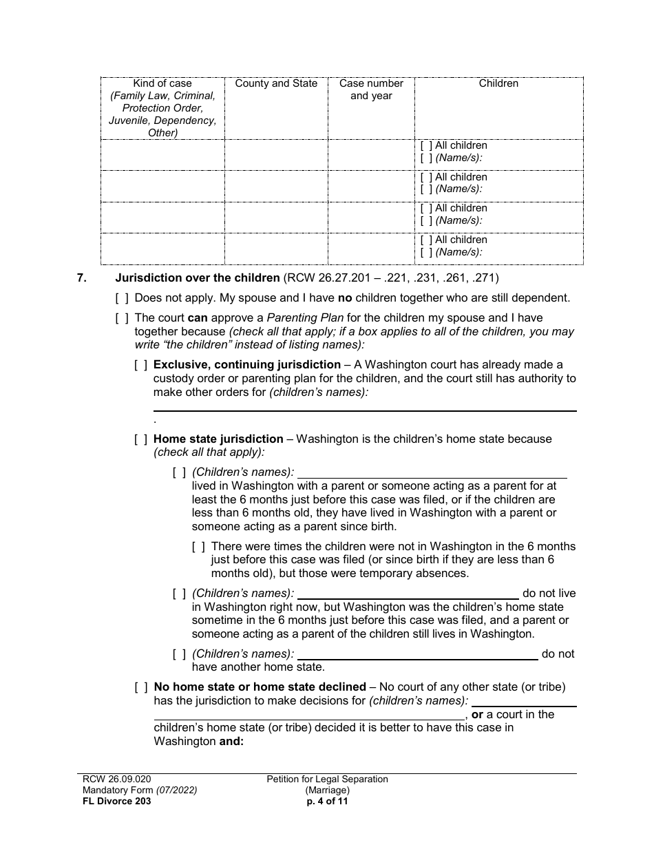 Form FL Divorce203 Petition for Legal Separation (Marriage) - Washington, Page 4