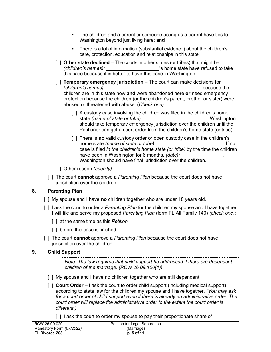 Form FL Divorce203 Petition for Legal Separation (Marriage) - Washington, Page 5