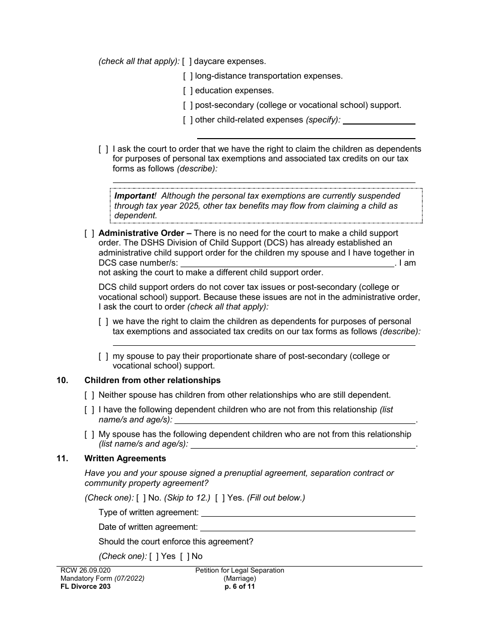 Form FL Divorce203 Petition for Legal Separation (Marriage) - Washington, Page 6