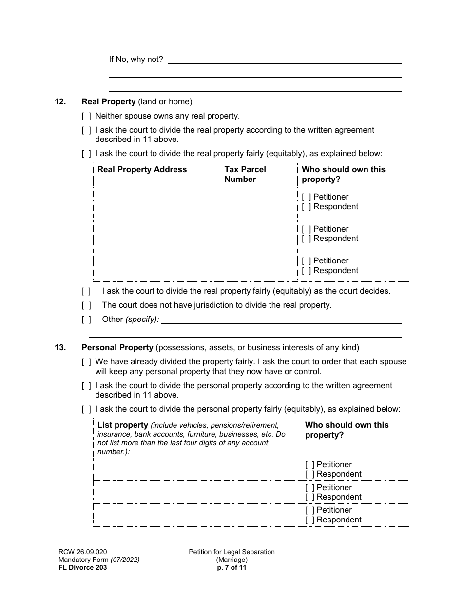 Form FL Divorce203 Petition for Legal Separation (Marriage) - Washington, Page 7