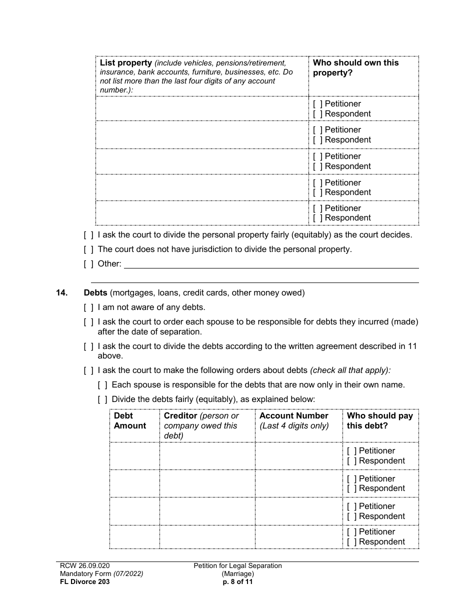 Form FL Divorce203 Petition for Legal Separation (Marriage) - Washington, Page 8