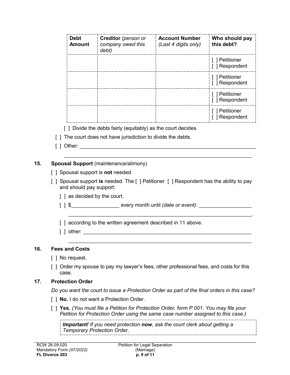 Form FL Divorce203 Petition for Legal Separation (Marriage) - Washington, Page 9