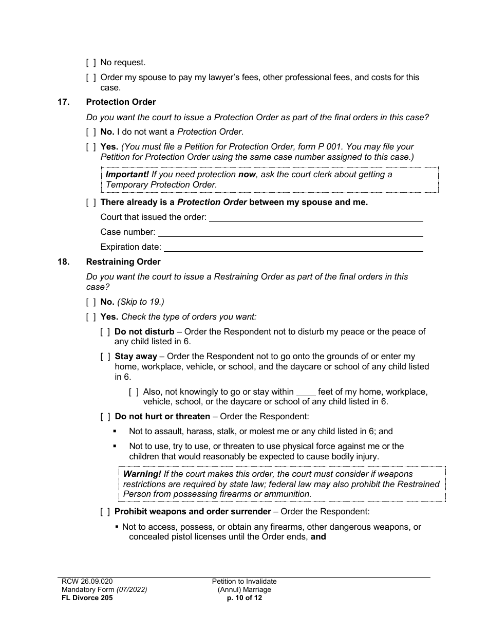 Form FL Divorce205 Petition to Invalidate (Annul) Marriage - Washington, Page 10