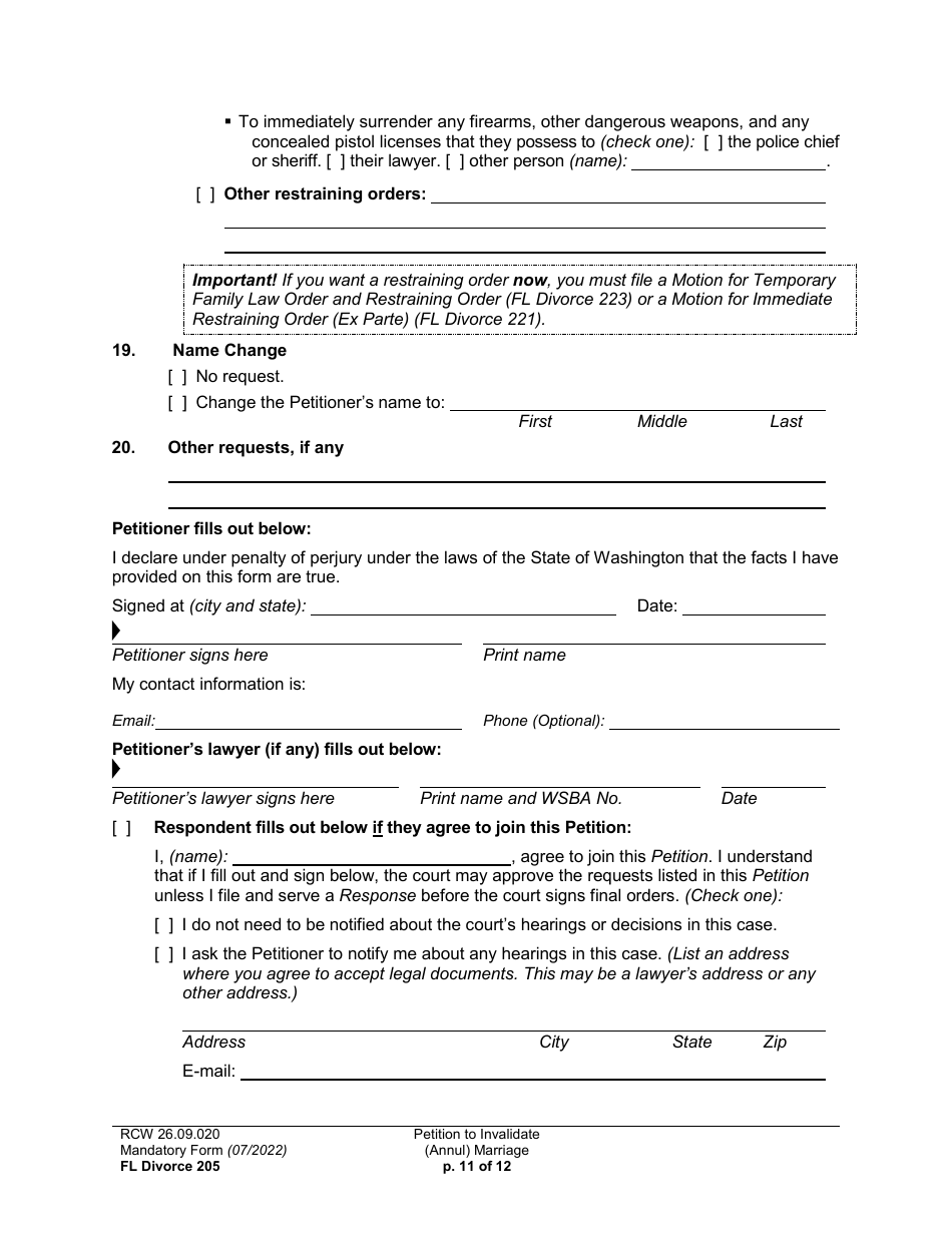 Form FL Divorce205 Petition to Invalidate (Annul) Marriage - Washington, Page 11