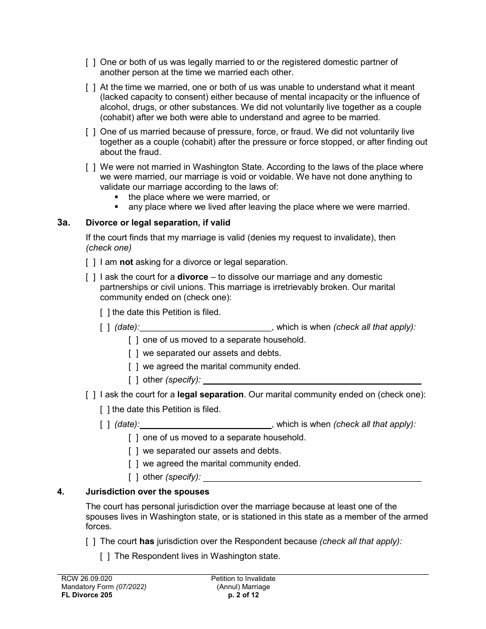 Form FL Divorce205 Petition to Invalidate (Annul) Marriage - Washington, Page 2