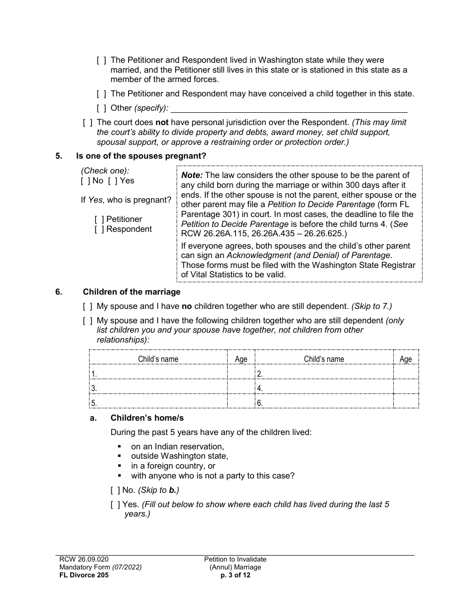 Form FL Divorce205 Petition to Invalidate (Annul) Marriage - Washington, Page 3
