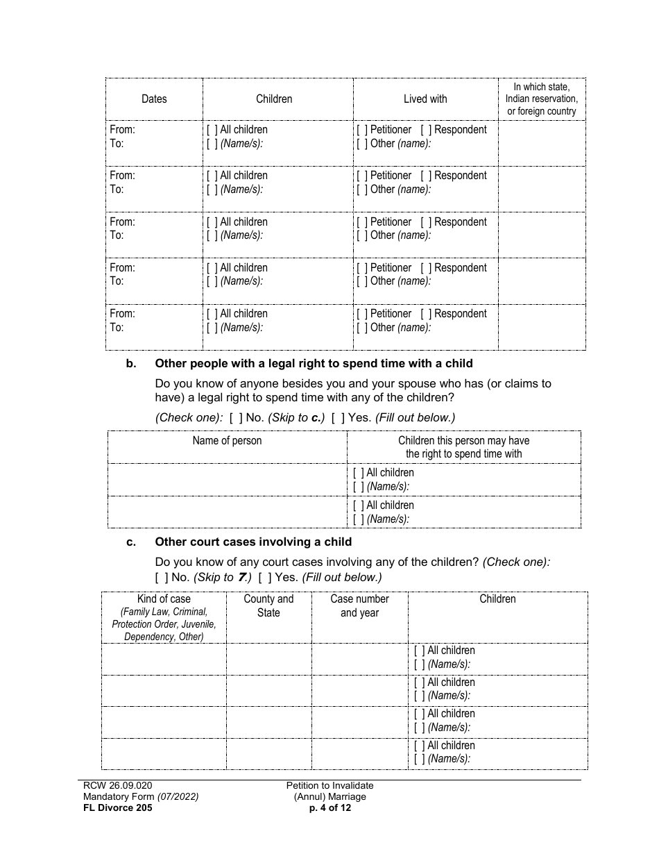 Form FL Divorce205 Petition to Invalidate (Annul) Marriage - Washington, Page 4