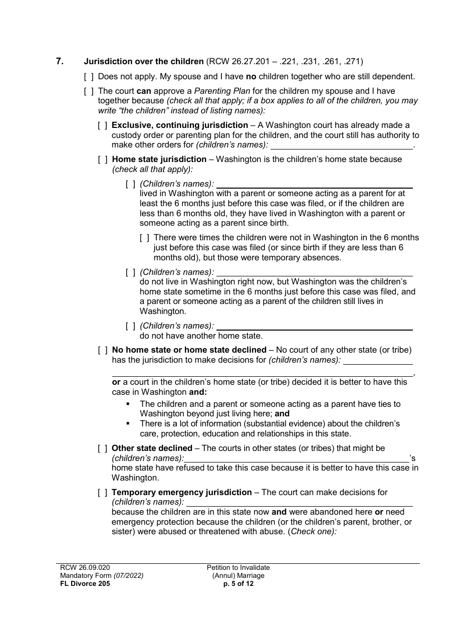 Form FL Divorce205 Petition to Invalidate (Annul) Marriage - Washington, Page 5