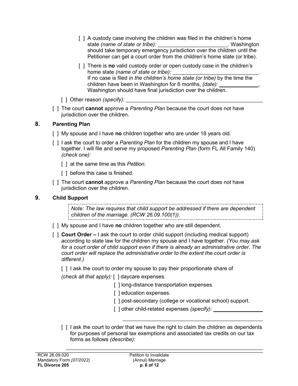 Form FL Divorce205 Petition to Invalidate (Annul) Marriage - Washington, Page 6