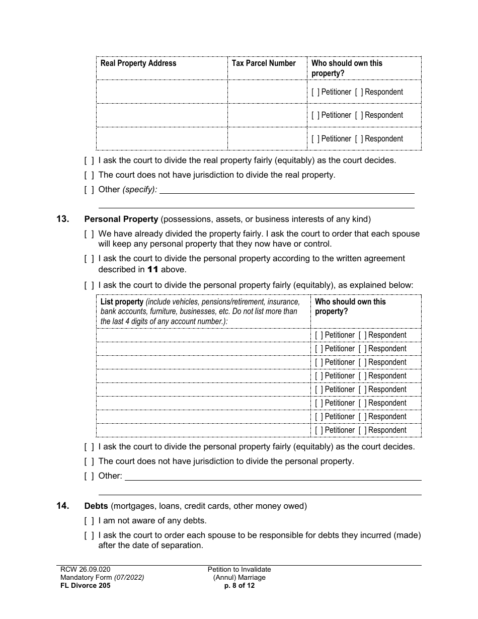 Form FL Divorce205 Petition to Invalidate (Annul) Marriage - Washington, Page 8