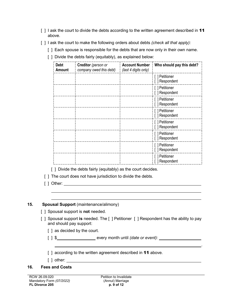 Form FL Divorce205 Petition to Invalidate (Annul) Marriage - Washington, Page 9