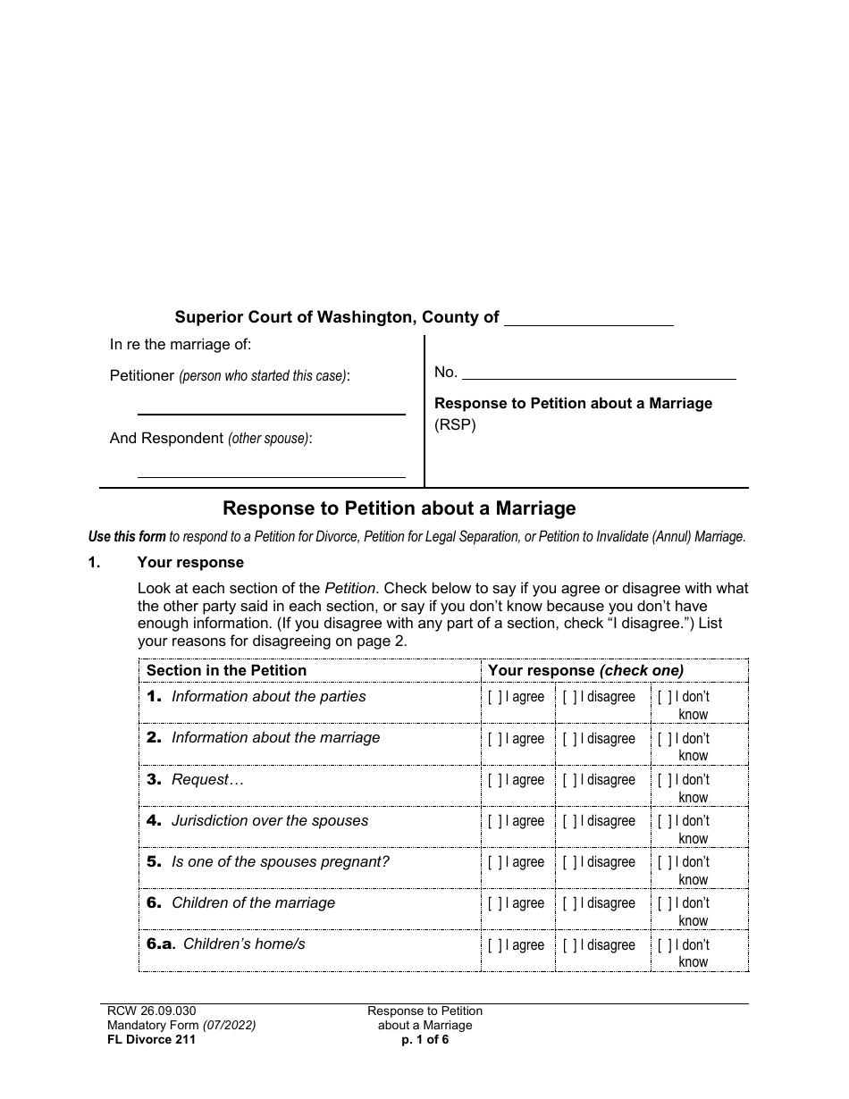 Form FL Divorce211 Response to Petition About a Marriage - Washington, Page 1