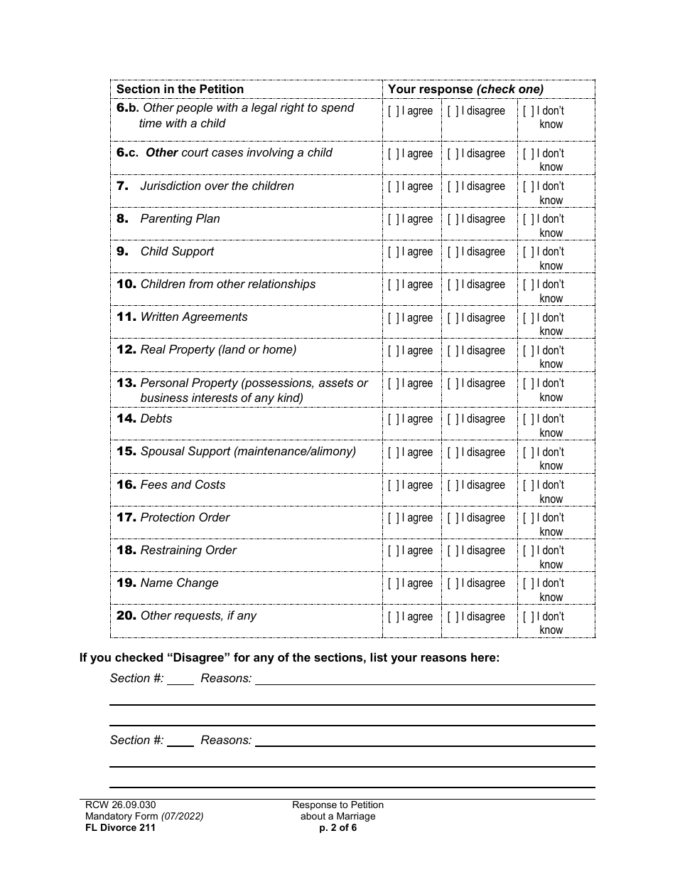 Form FL Divorce211 Response to Petition About a Marriage - Washington, Page 2
