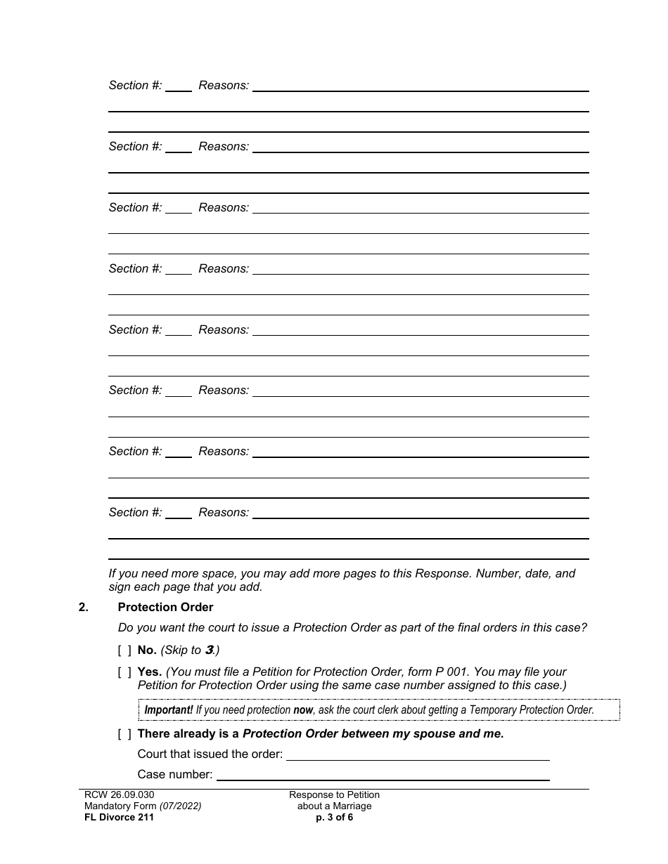 Form FL Divorce211 Response to Petition About a Marriage - Washington, Page 3