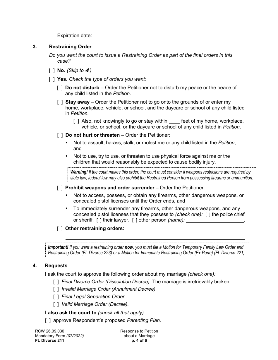 Form FL Divorce211 Response to Petition About a Marriage - Washington, Page 4