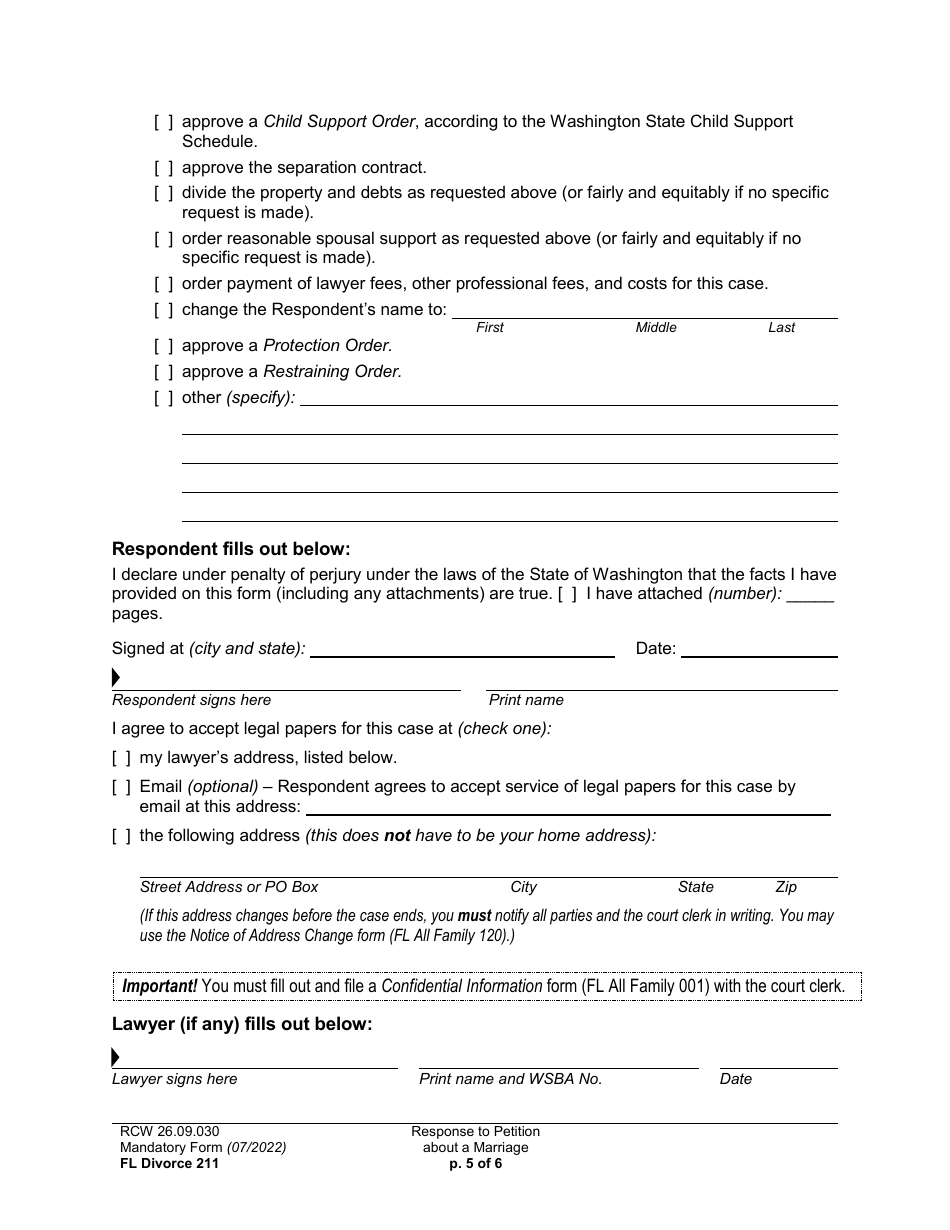 Form FL Divorce211 Response to Petition About a Marriage - Washington, Page 5