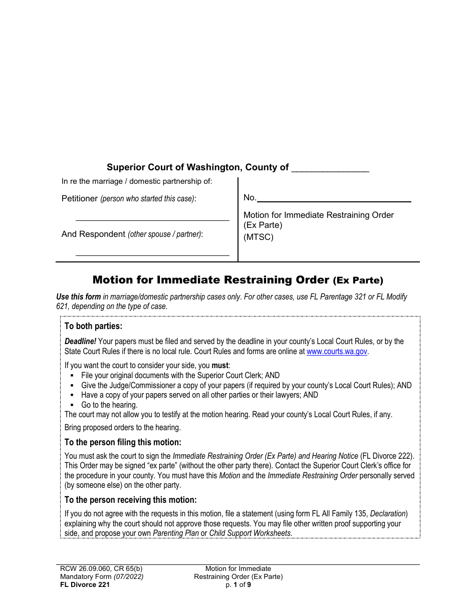 Form FL Divorce221 Motion for Immediate Restraining Order (Ex Parte) - Washington, Page 1