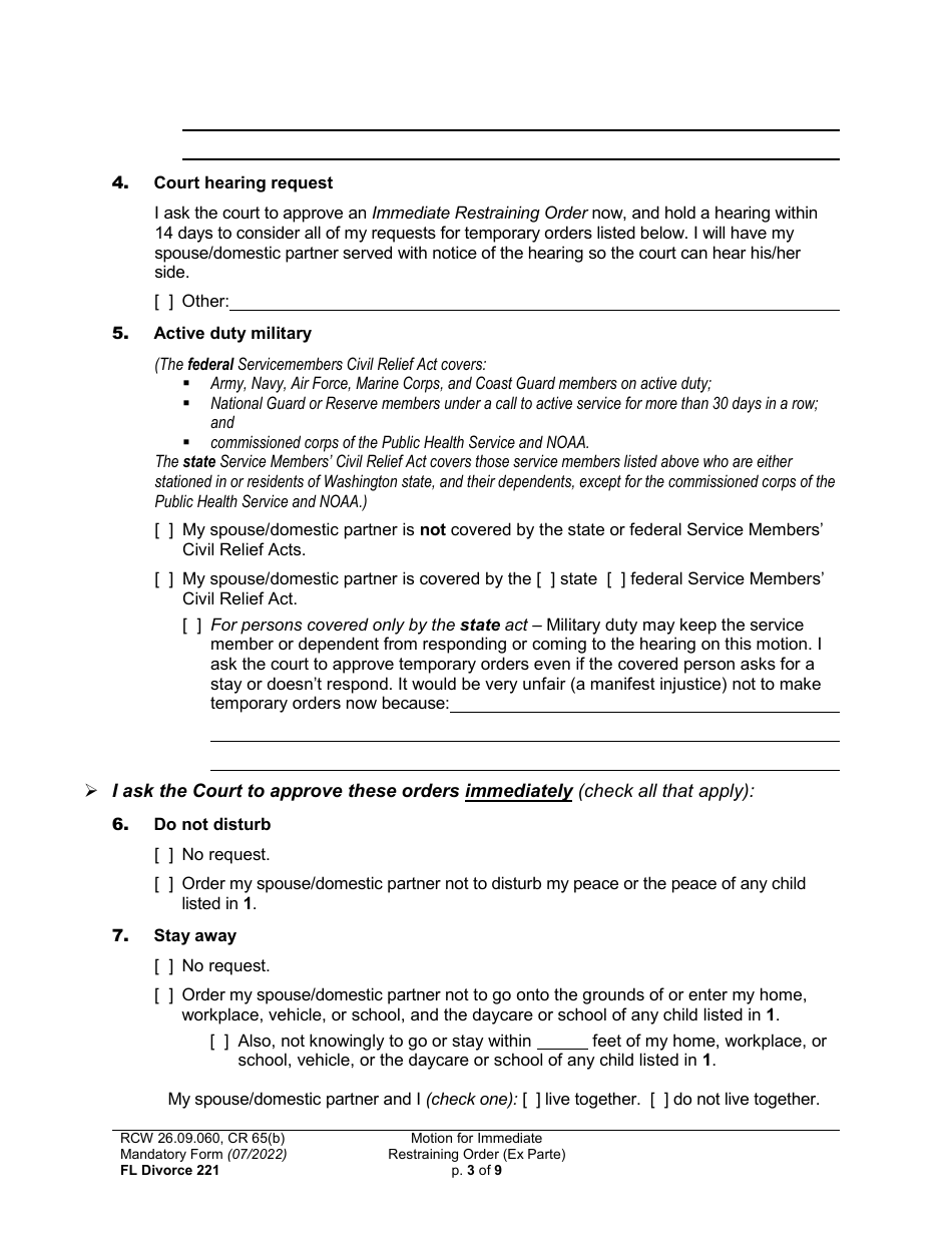 Form FL Divorce221 Motion for Immediate Restraining Order (Ex Parte) - Washington, Page 3