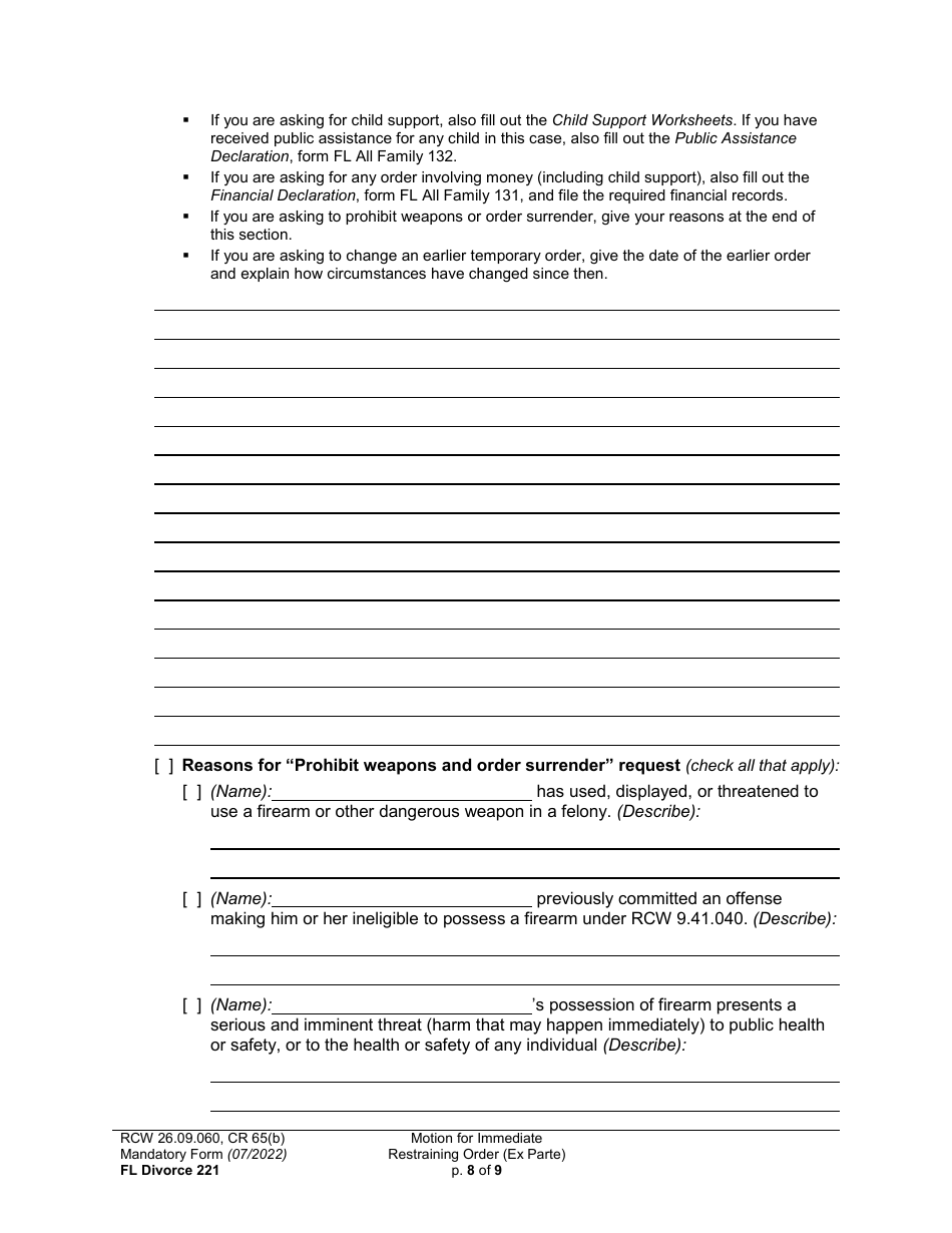 Form FL Divorce221 Motion for Immediate Restraining Order (Ex Parte) - Washington, Page 8