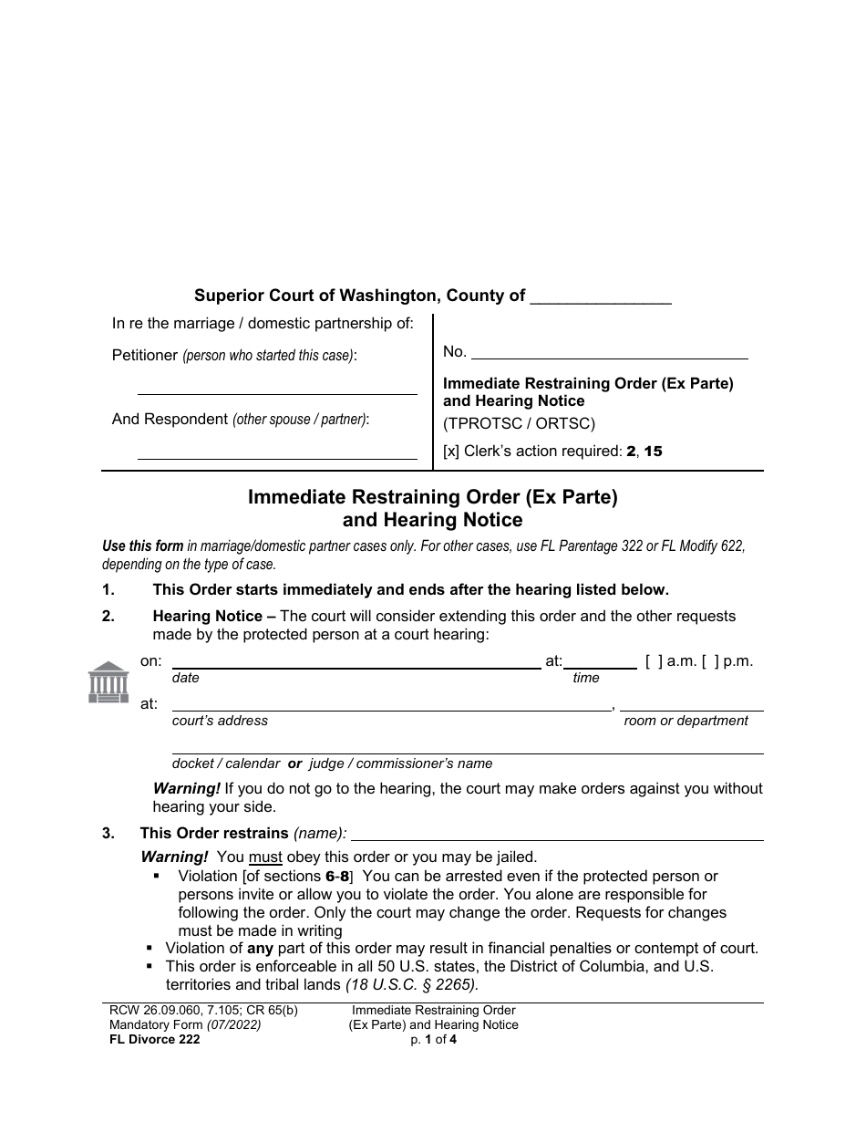 Form FL Divorce222 Immediate Restraining Order (Ex Parte) and Hearing Notice - Washington, Page 1