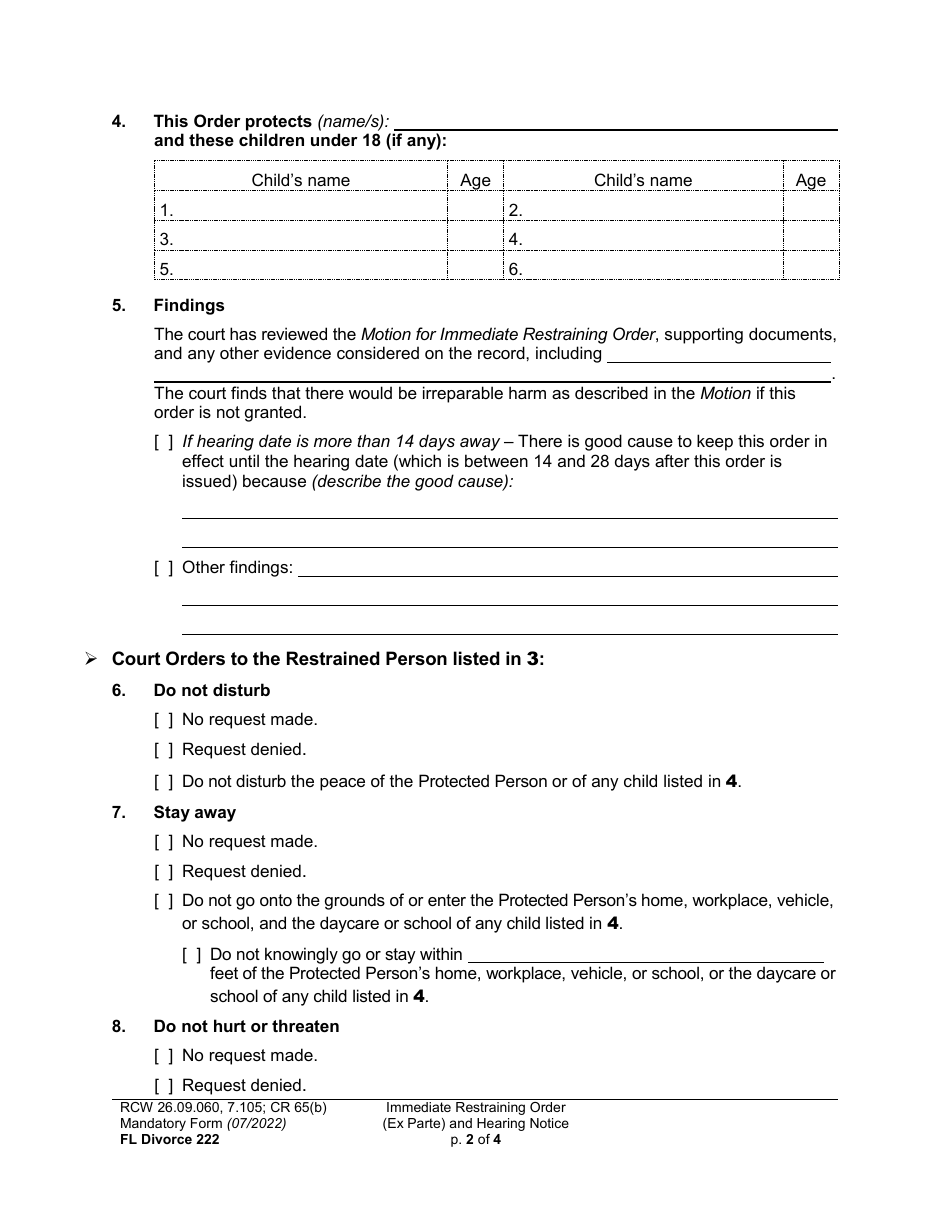 Form FL Divorce222 Immediate Restraining Order (Ex Parte) and Hearing Notice - Washington, Page 2