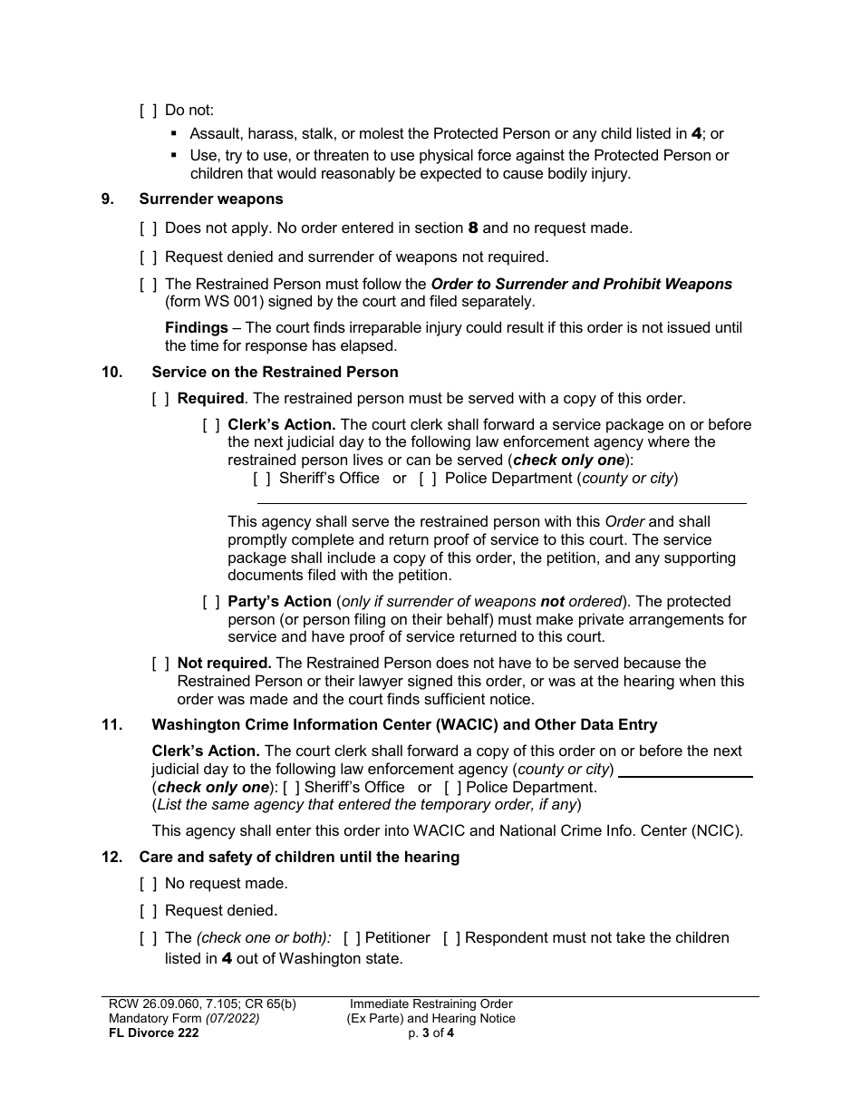 Form FL Divorce222 Immediate Restraining Order (Ex Parte) and Hearing Notice - Washington, Page 3
