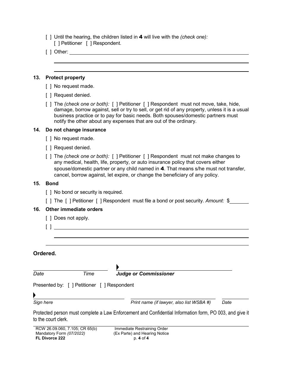 Form FL Divorce222 Immediate Restraining Order (Ex Parte) and Hearing Notice - Washington, Page 4