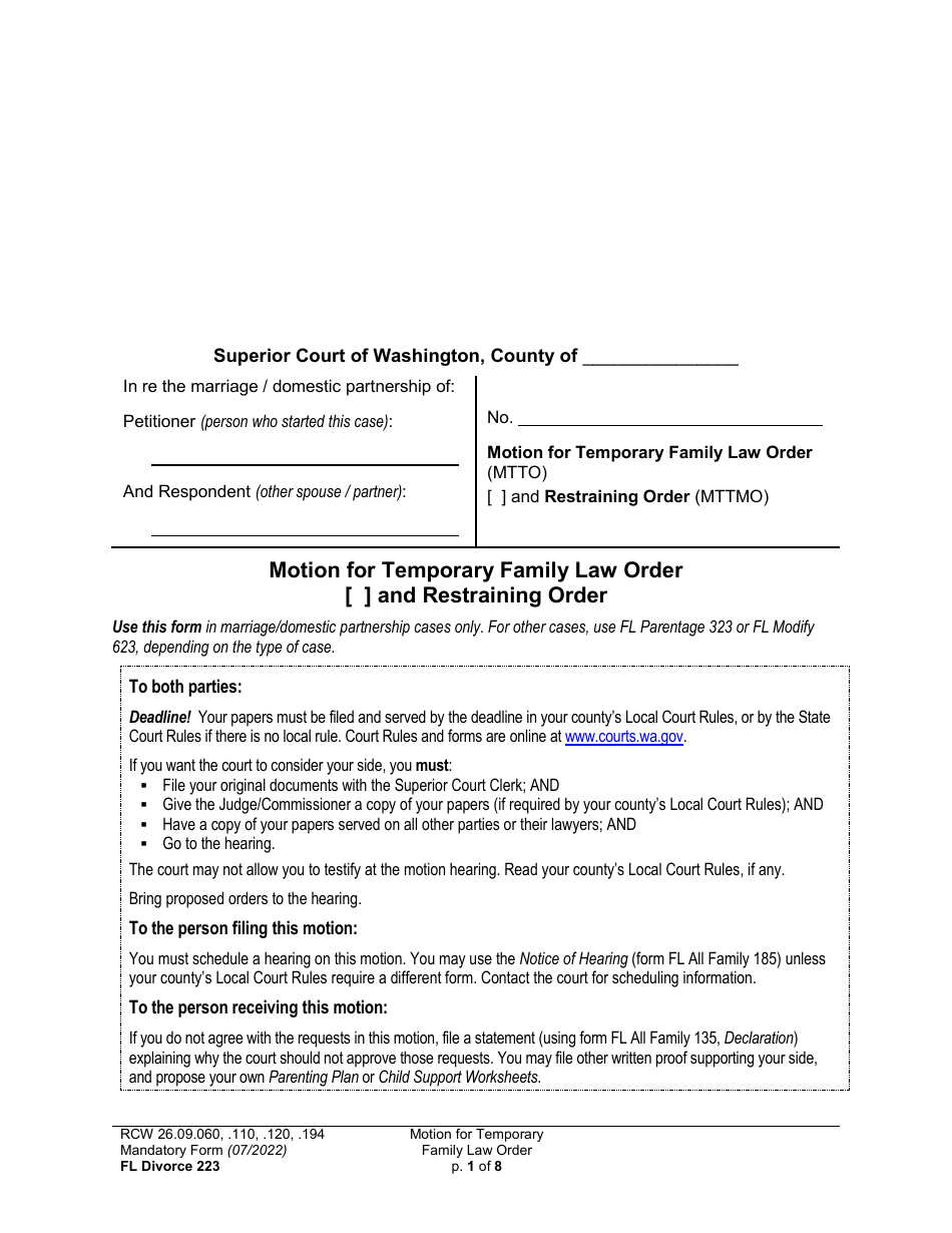 Form FL Divorce223 Motion for Temporary Family Law Order and Restraining Order - Washington, Page 1