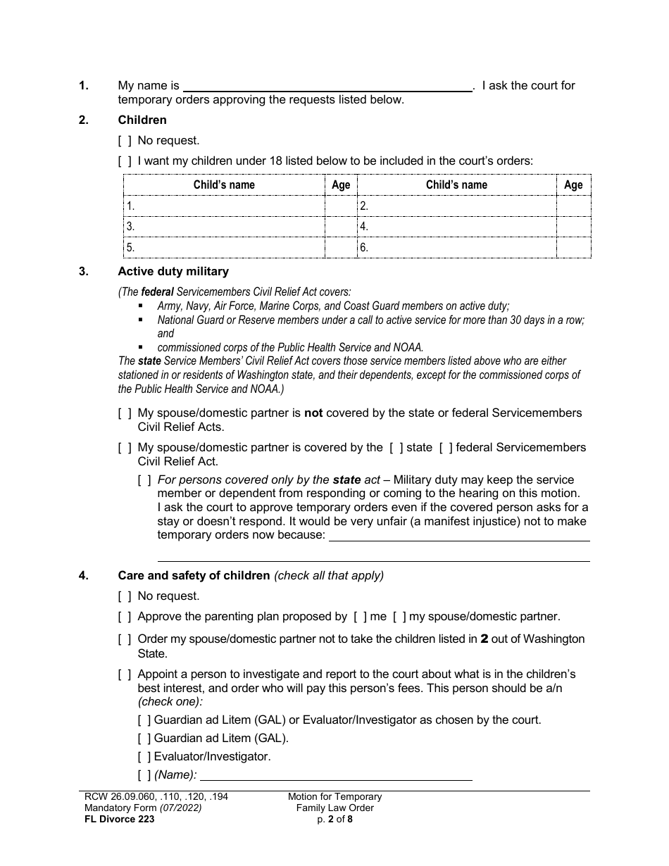 Form FL Divorce223 Motion for Temporary Family Law Order and Restraining Order - Washington, Page 2