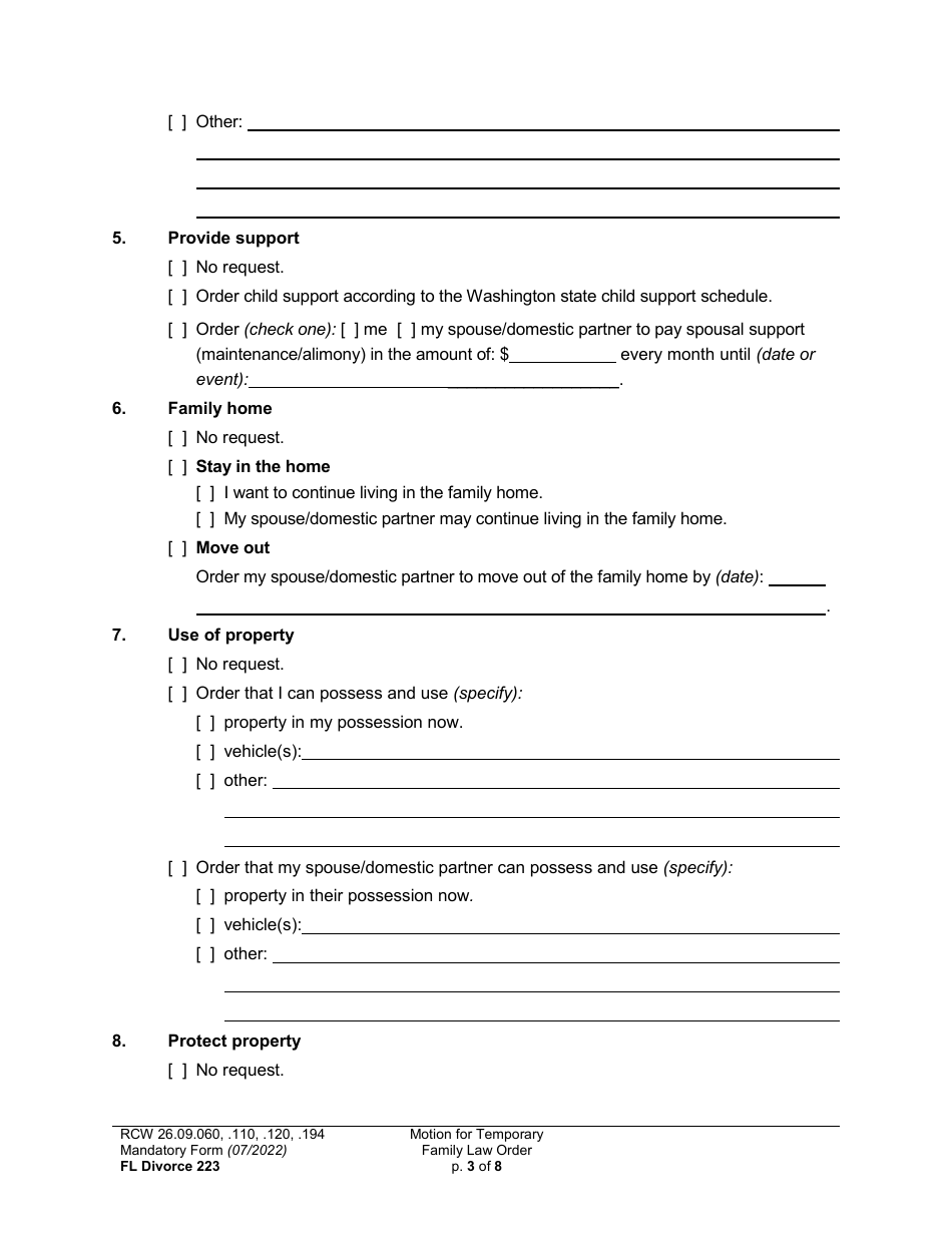 Form FL Divorce223 Motion for Temporary Family Law Order and Restraining Order - Washington, Page 3