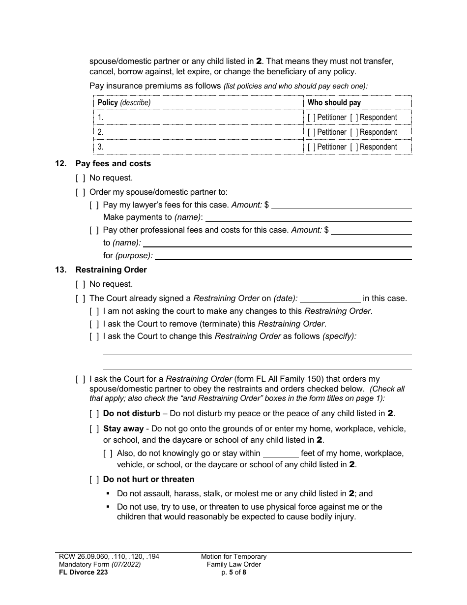 Form FL Divorce223 Motion for Temporary Family Law Order and Restraining Order - Washington, Page 5
