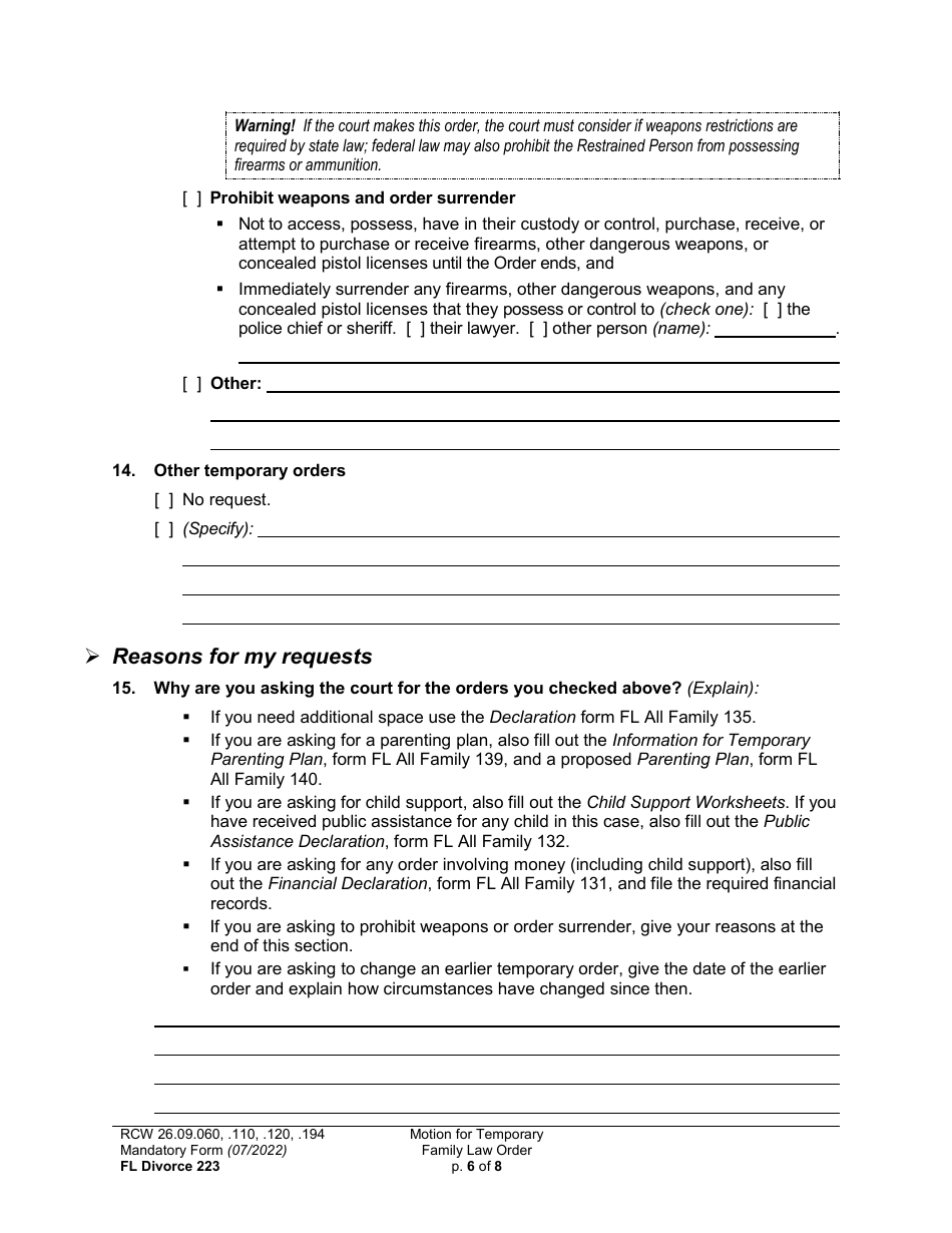 Form FL Divorce223 Motion for Temporary Family Law Order and Restraining Order - Washington, Page 6