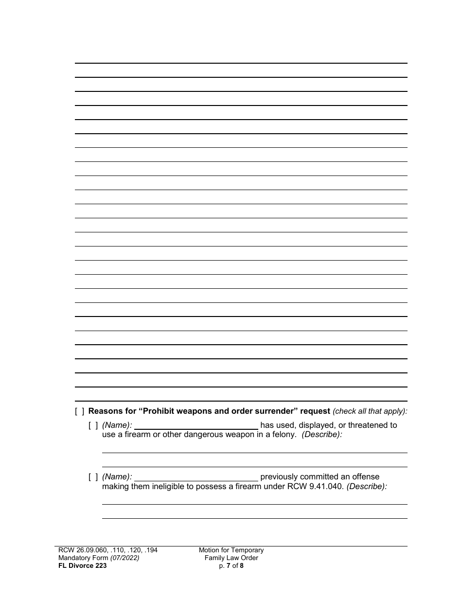 Form FL Divorce223 Motion for Temporary Family Law Order and Restraining Order - Washington, Page 7