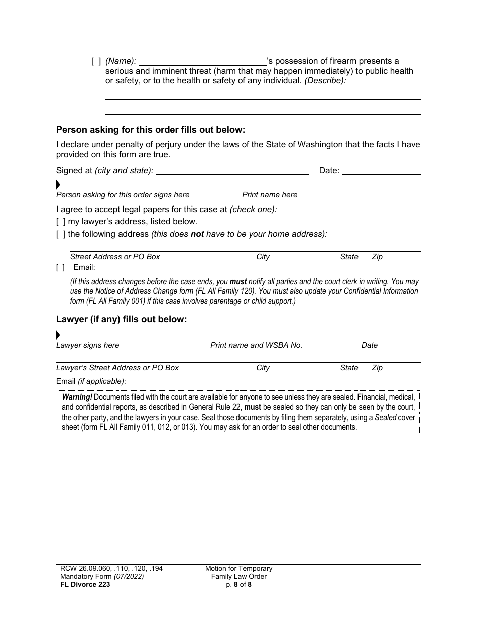 Form FL Divorce223 Motion for Temporary Family Law Order and Restraining Order - Washington, Page 8