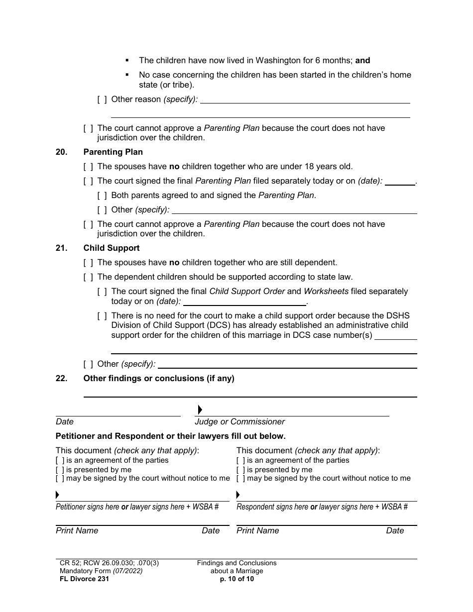 Form FL Divorce231 Findings and Conclusions About a Marriage - Washington, Page 10