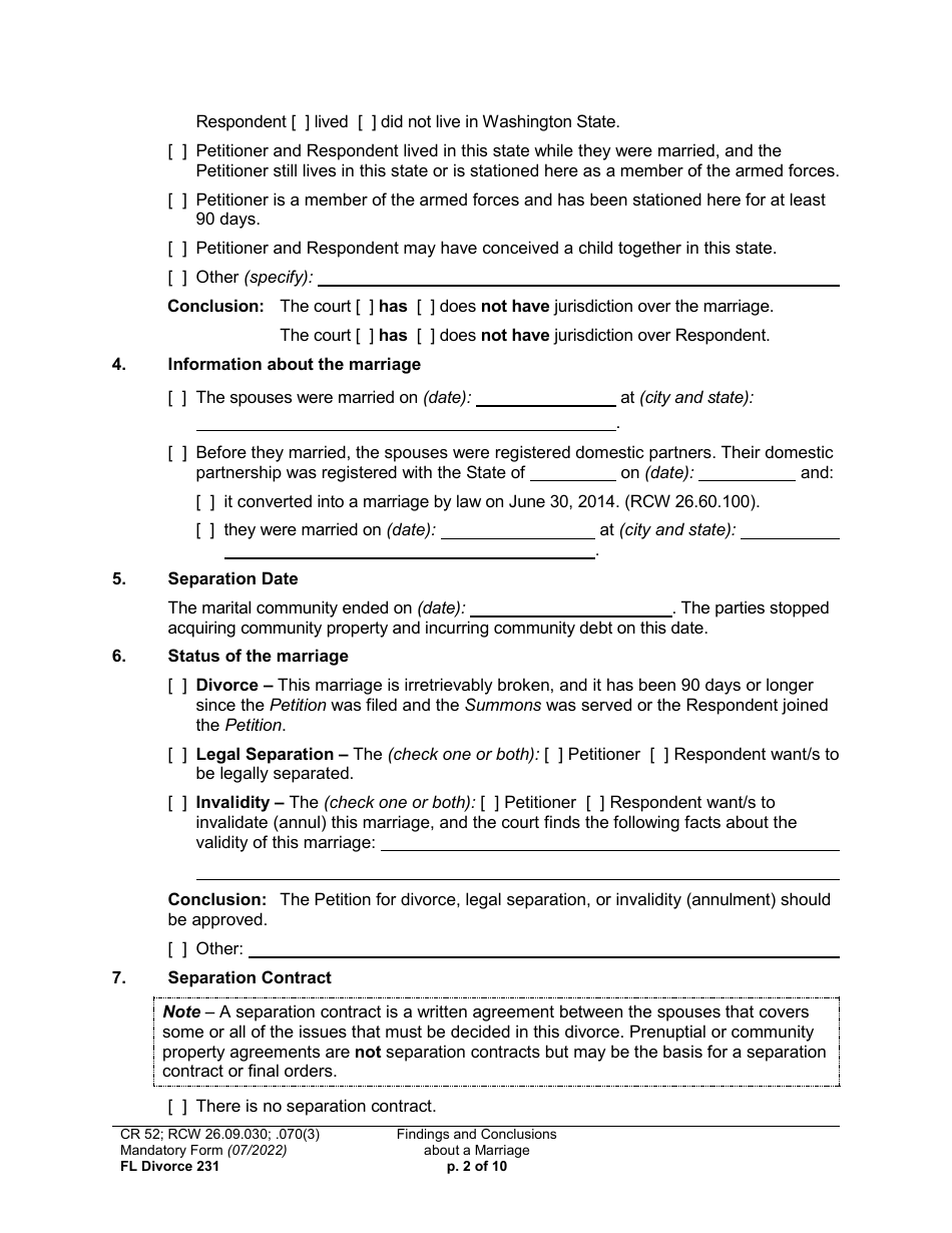 Form FL Divorce231 Findings and Conclusions About a Marriage - Washington, Page 2