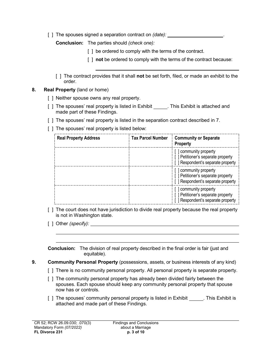 Form FL Divorce231 Findings and Conclusions About a Marriage - Washington, Page 3
