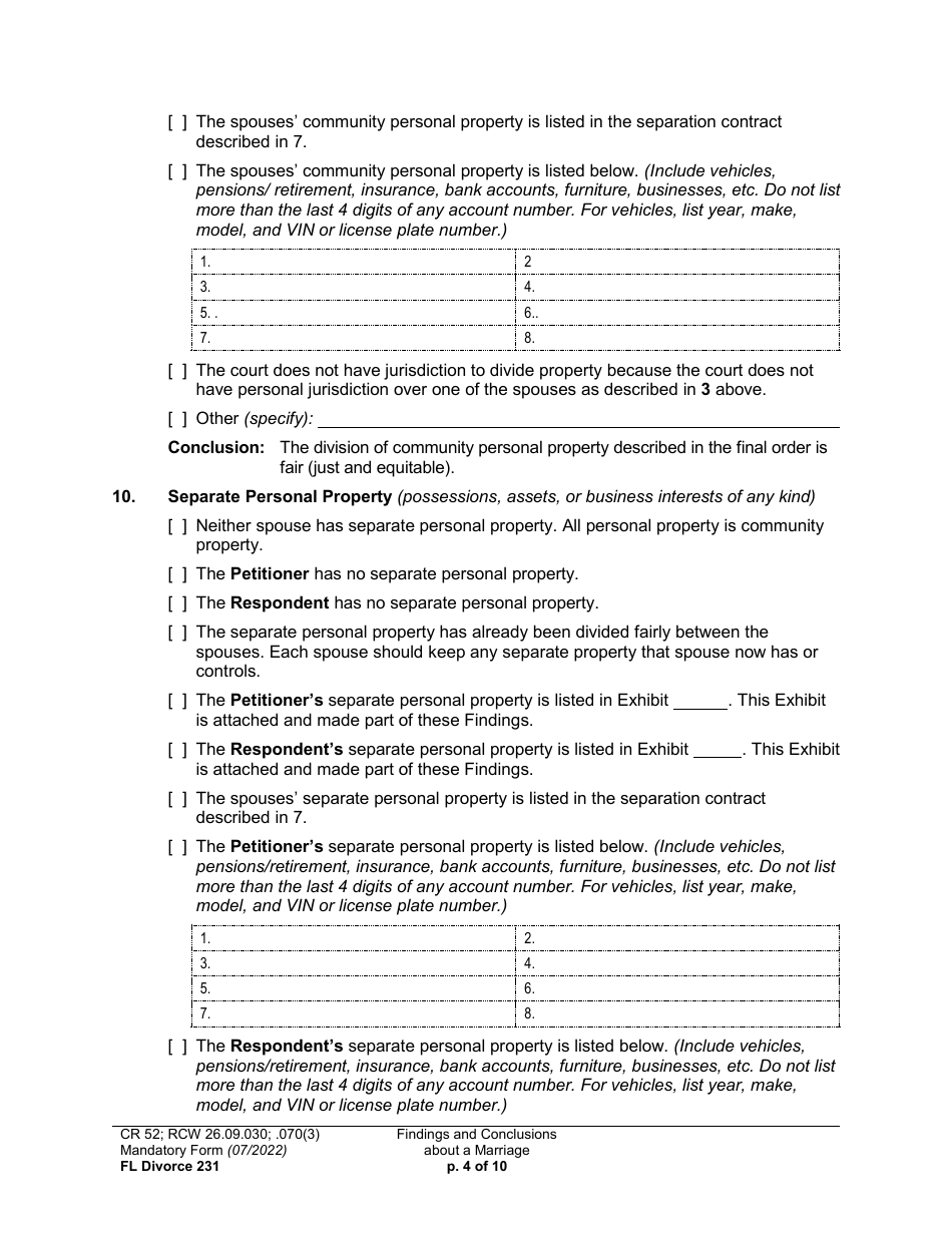 Form FL Divorce231 Findings and Conclusions About a Marriage - Washington, Page 4