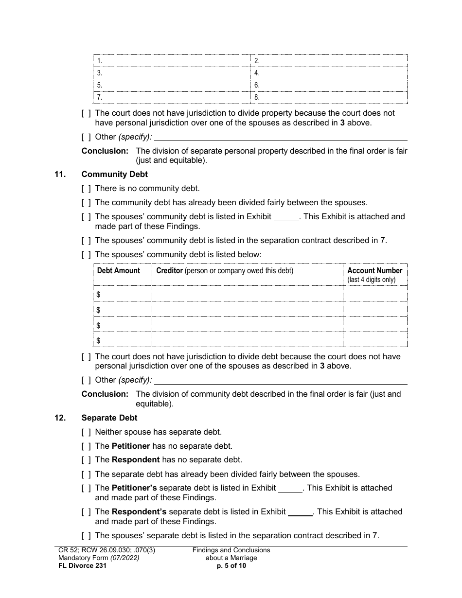 Form FL Divorce231 Findings and Conclusions About a Marriage - Washington, Page 5