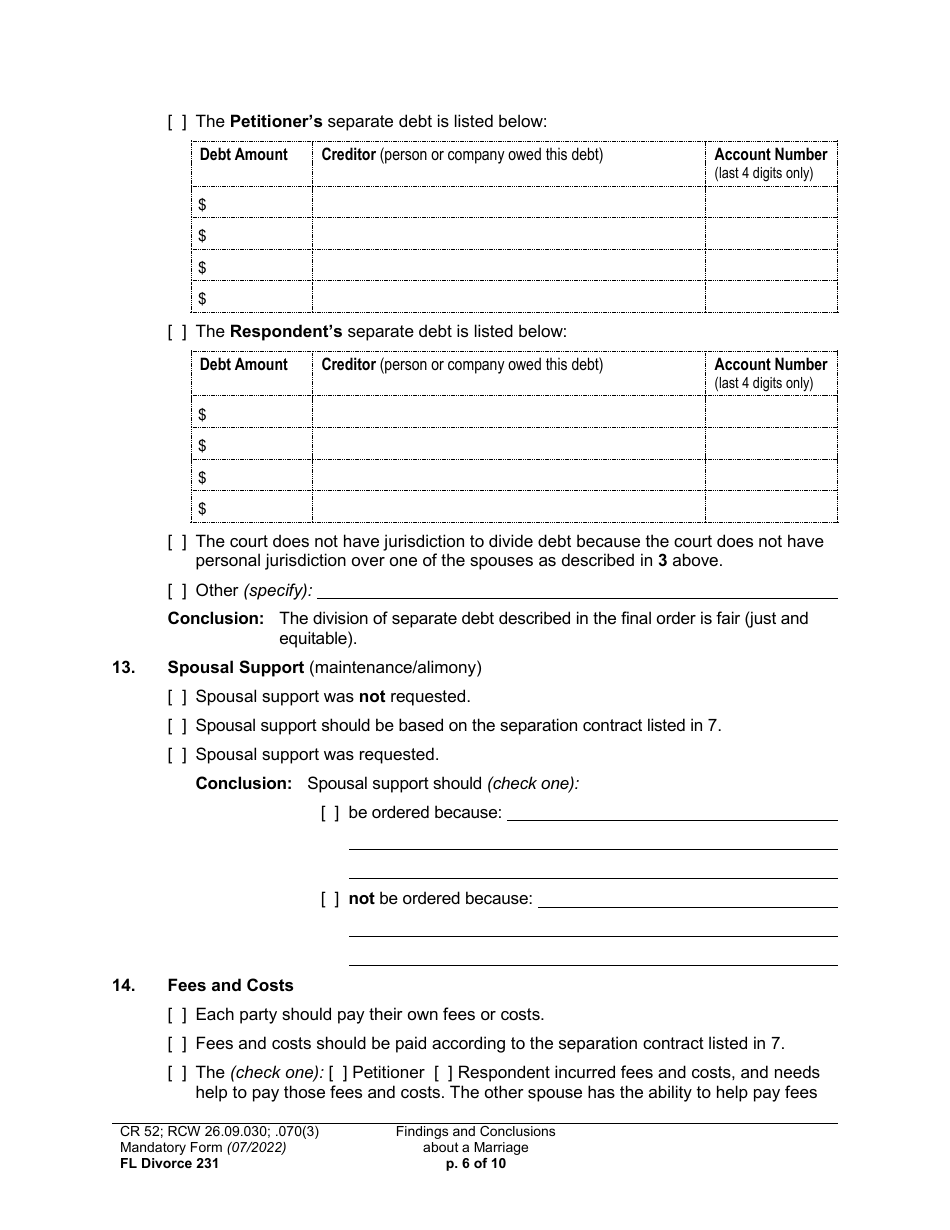 Form FL Divorce231 Findings and Conclusions About a Marriage - Washington, Page 6