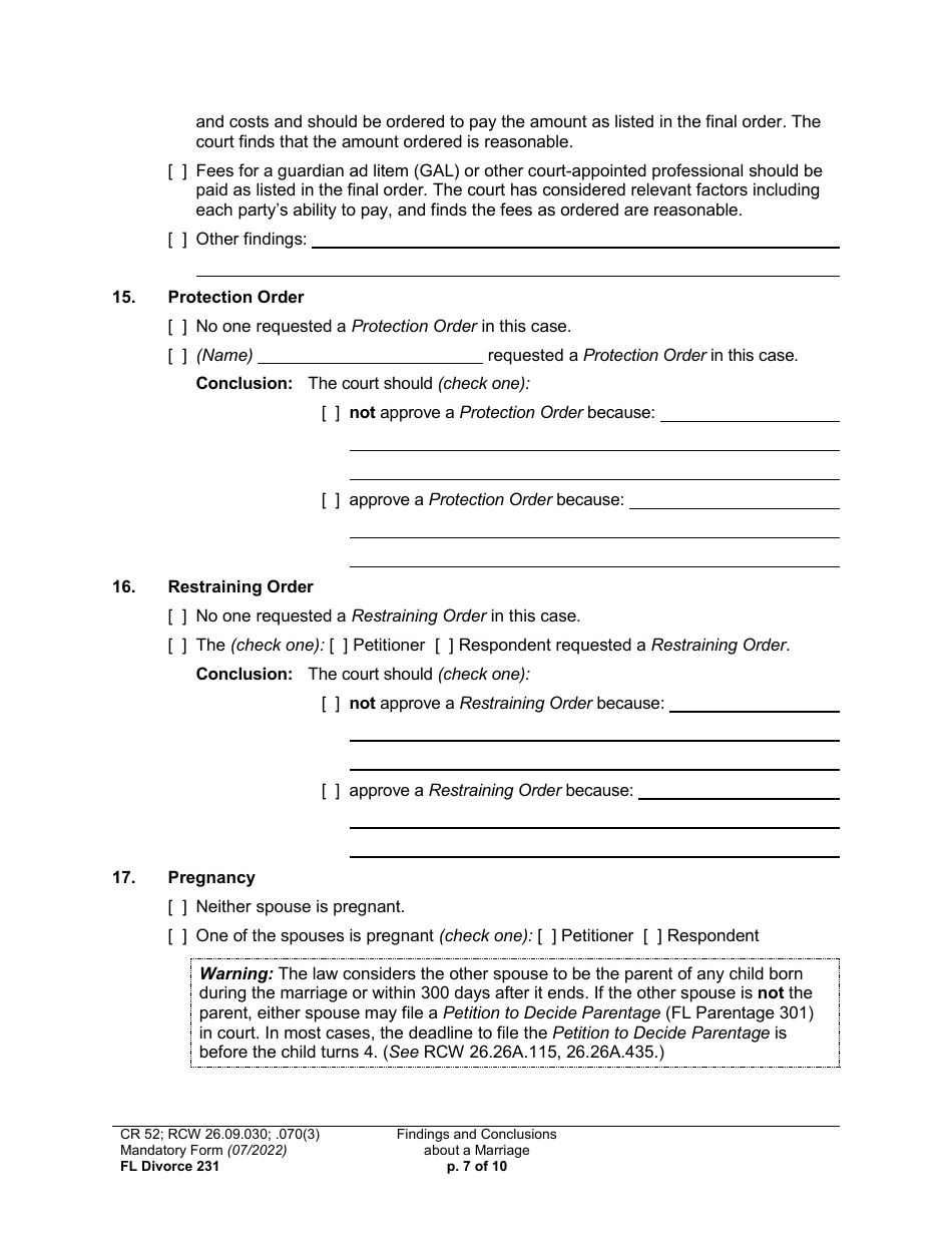 Form FL Divorce231 Findings and Conclusions About a Marriage - Washington, Page 7