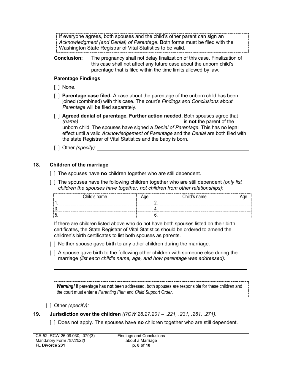 Form FL Divorce231 Findings and Conclusions About a Marriage - Washington, Page 8