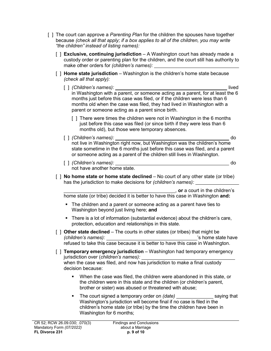 Form FL Divorce231 Findings and Conclusions About a Marriage - Washington, Page 9