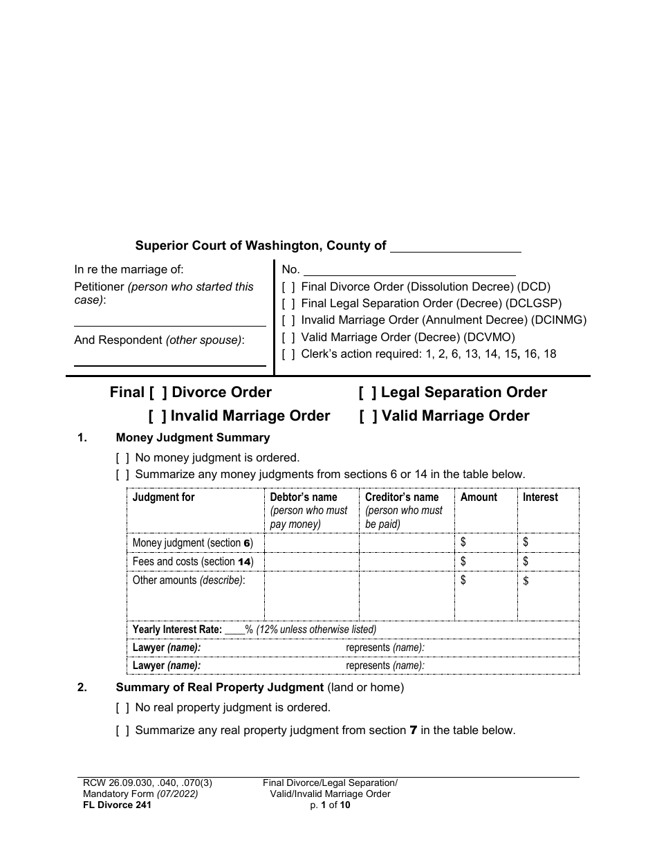 Form FL Divorce241 Final Divorce Order (Dissolution Decree) / Final Legal Separation Order (Decree) / Invalid Marriage Order (Annulment Decree) / Valid Marriage Order (Decree) - Washington, Page 1