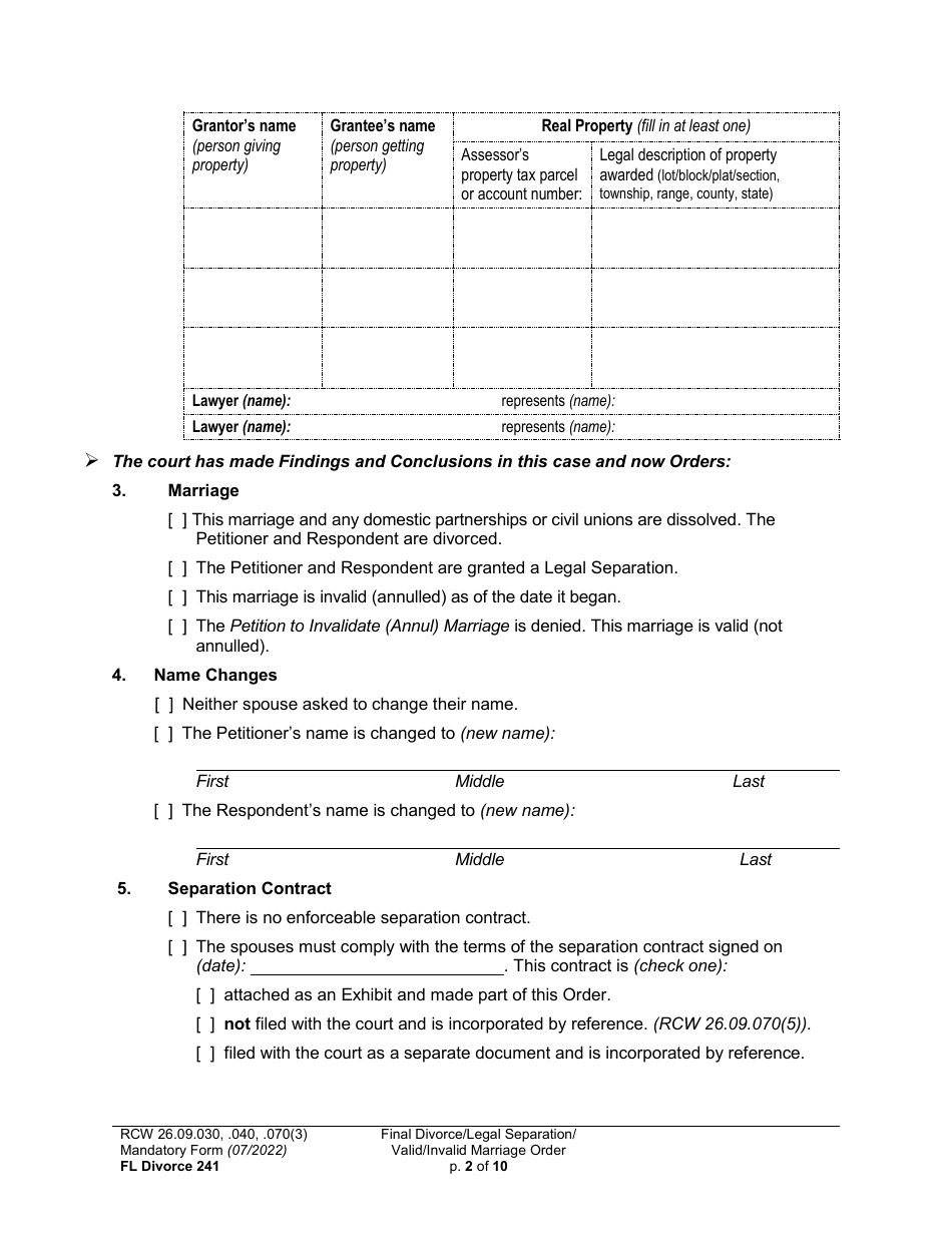 Form FL Divorce241 Final Divorce Order (Dissolution Decree) / Final Legal Separation Order (Decree) / Invalid Marriage Order (Annulment Decree) / Valid Marriage Order (Decree) - Washington, Page 2