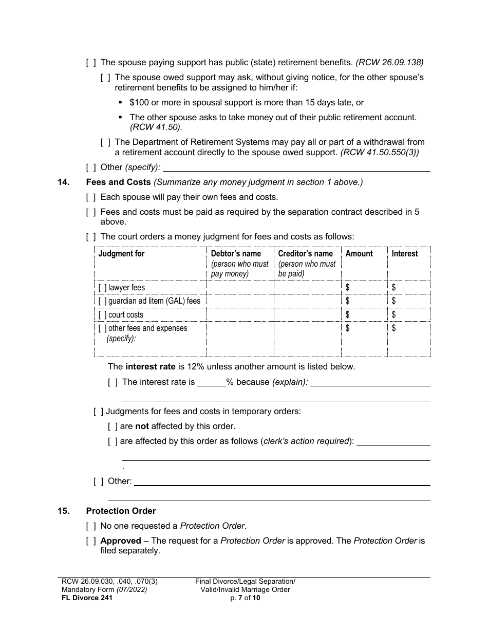 Form FL Divorce241 Final Divorce Order (Dissolution Decree) / Final Legal Separation Order (Decree) / Invalid Marriage Order (Annulment Decree) / Valid Marriage Order (Decree) - Washington, Page 7