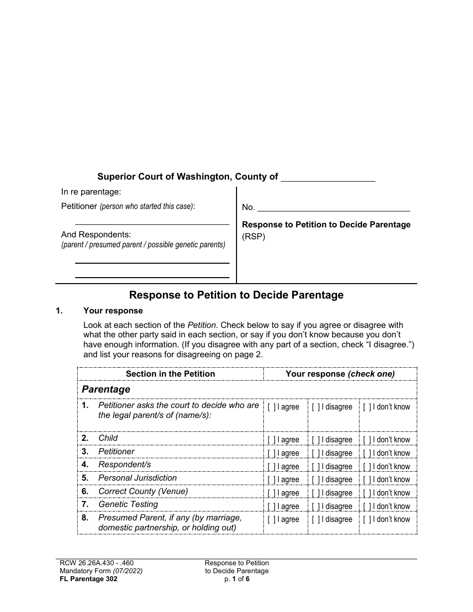 Form FL Parentage302 Response to Petition to Decide Parentage - Washington, Page 1