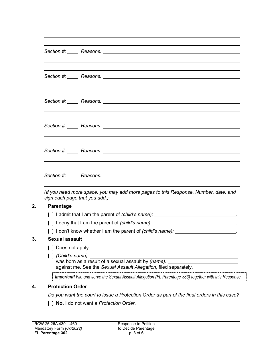 Form FL Parentage302 Response to Petition to Decide Parentage - Washington, Page 3