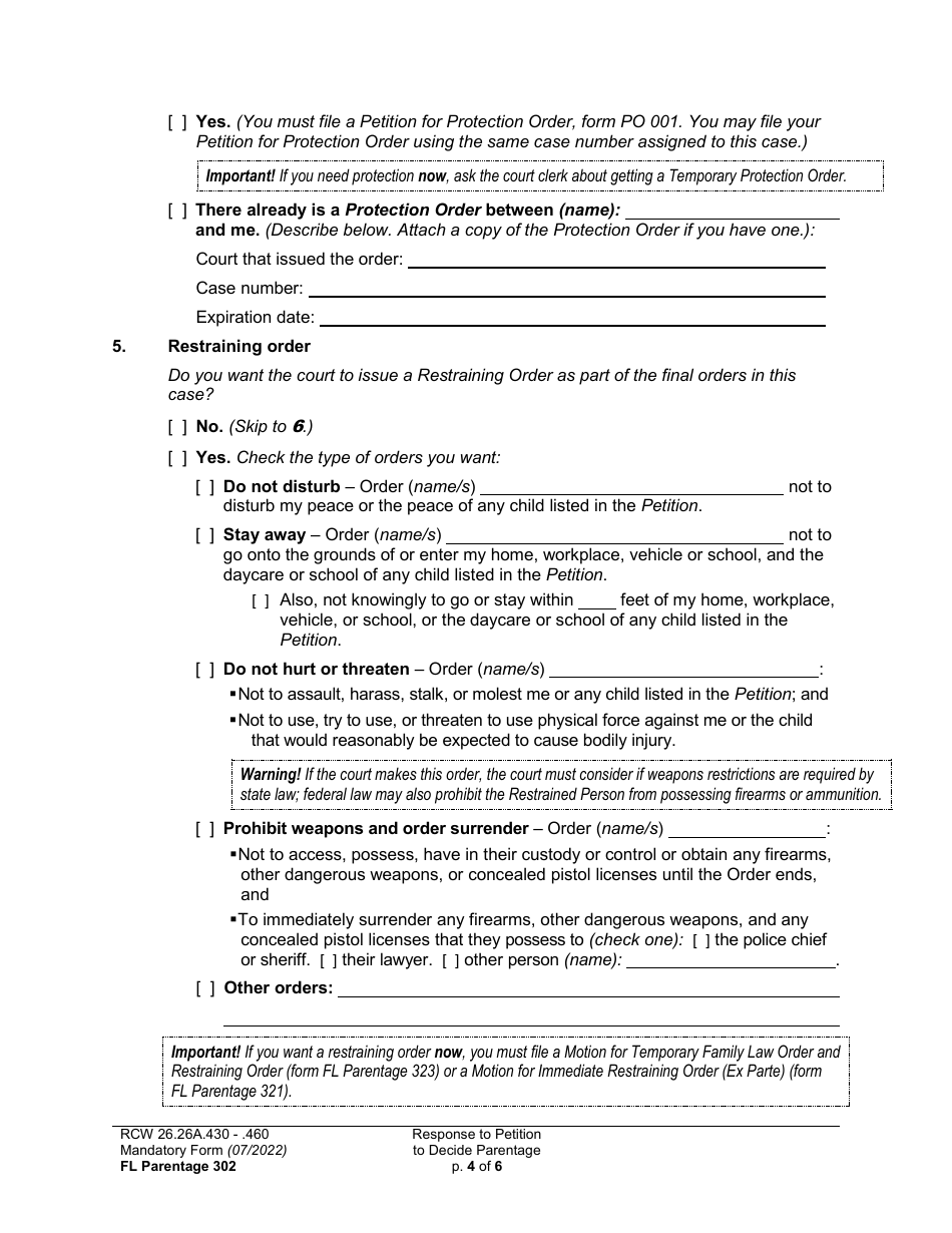 Form FL Parentage302 Response to Petition to Decide Parentage - Washington, Page 4